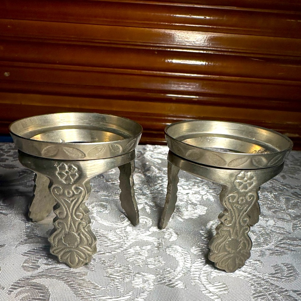Vintage Silver 3 Footed Glass Candle Holder- Made In India